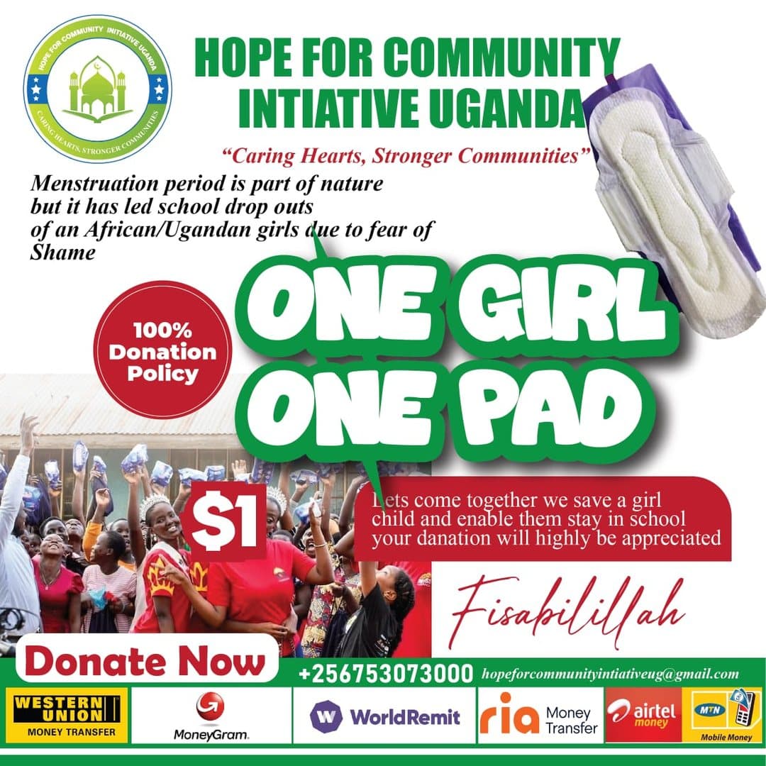 HCIU One Girl One Pad poster: schoolgirls celebrating as sanitary pads are handed out, with the ask of $1 per girl