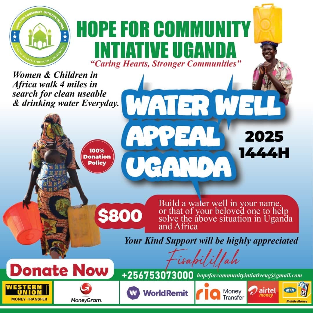 HCIU Water Well Appeal poster: a woman carrying a basin of water and a child on her back, with the ask of $800 to build one well