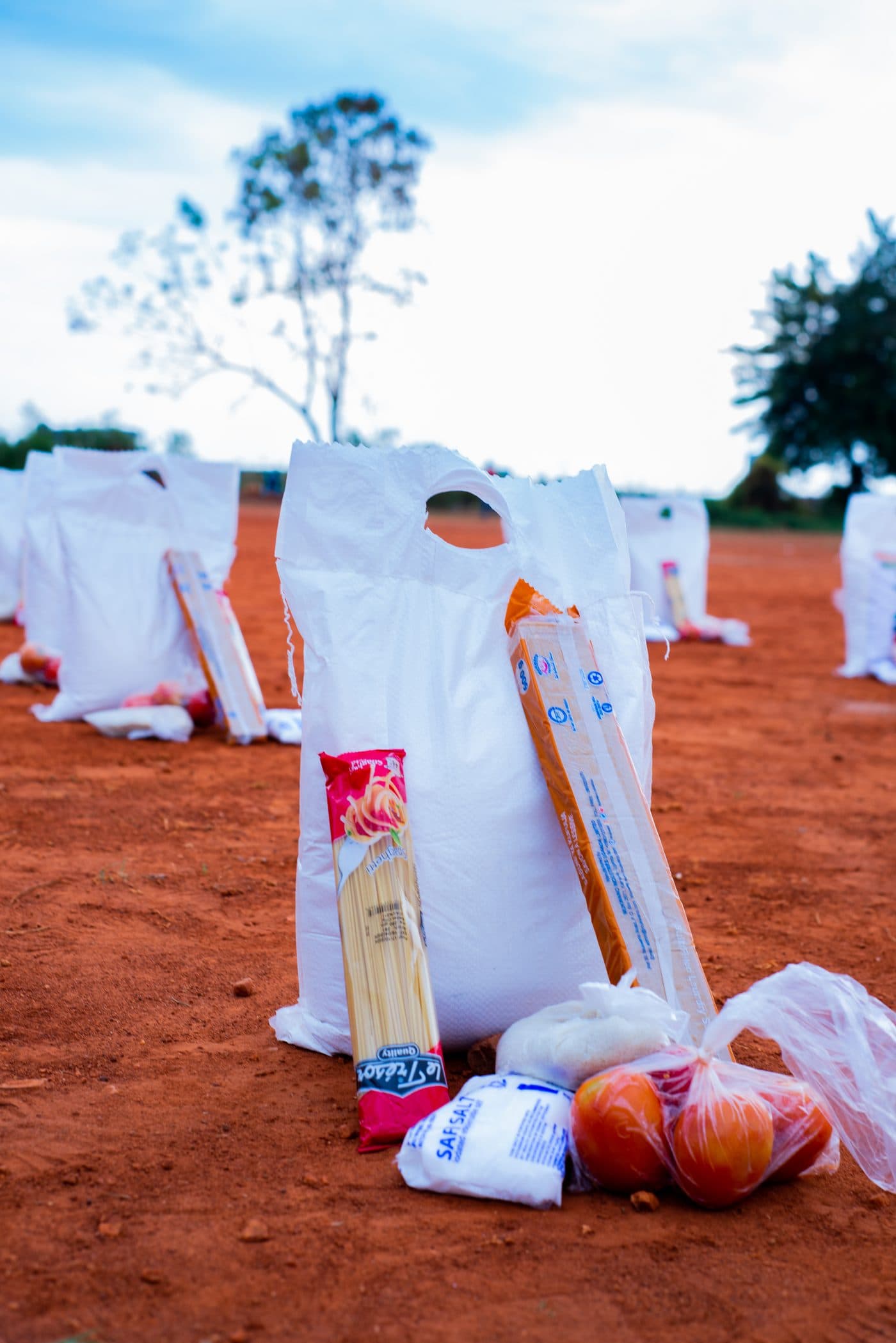 Sacks of maize flour, rice and cooking oil bundled into food packs and set out on red earth